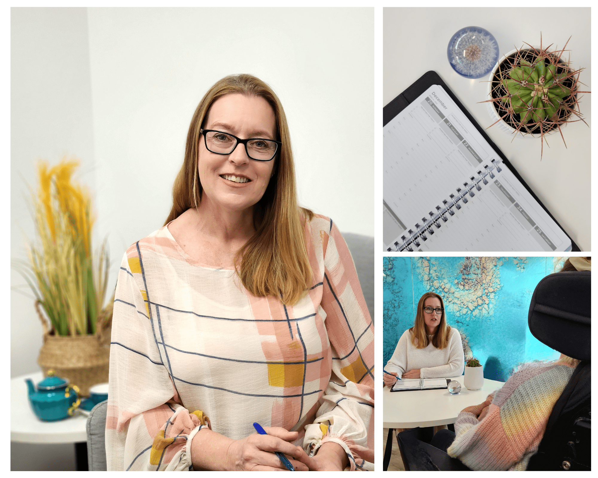 Picture of Helen smiling
Picture of diary catcus and paperweight on a desk
Picture of Helen talking to her daughter who is sitting in front of her in a wheelcha